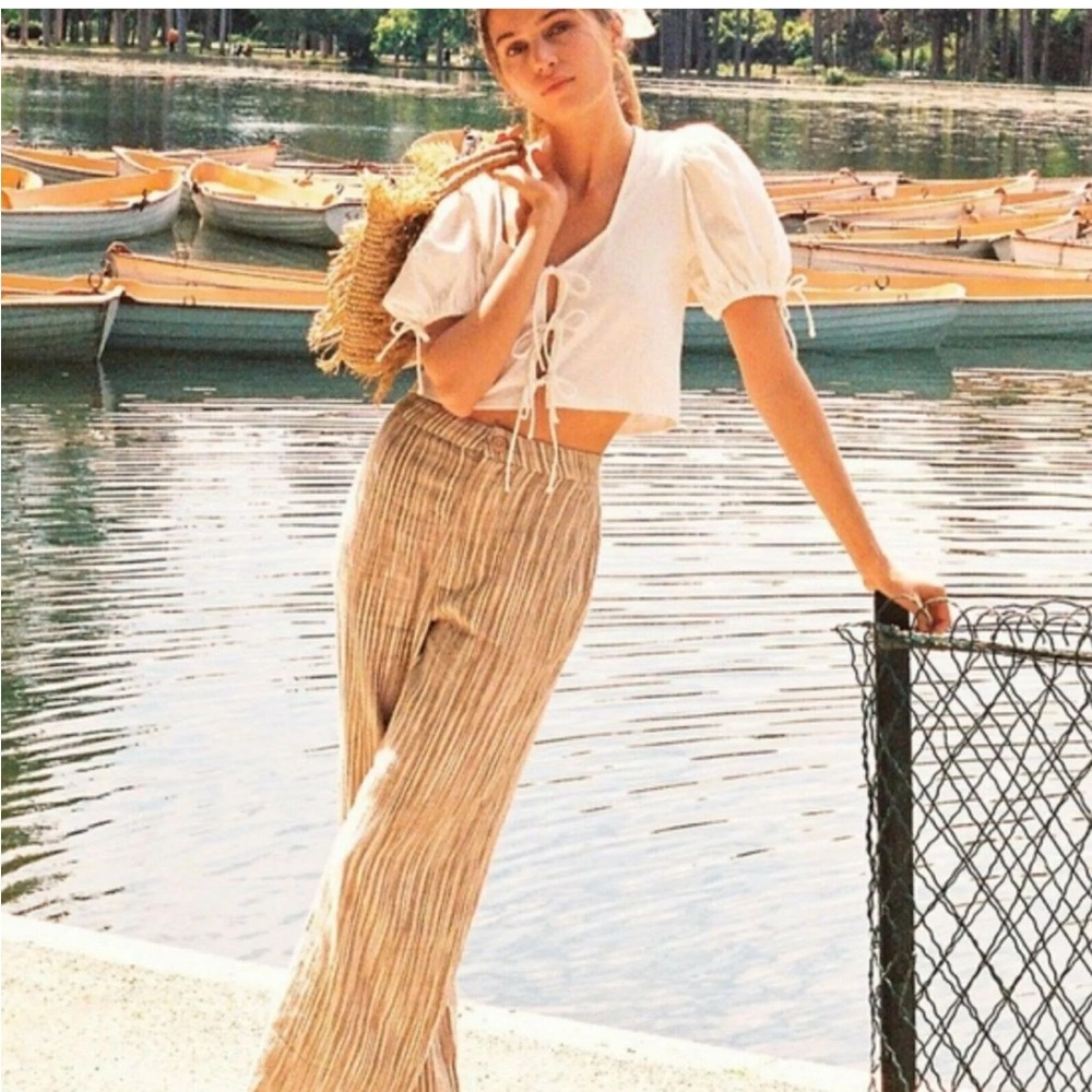 Free People Marta Yarn Dye Brown and White Striped Trousers Sz 4 EUC